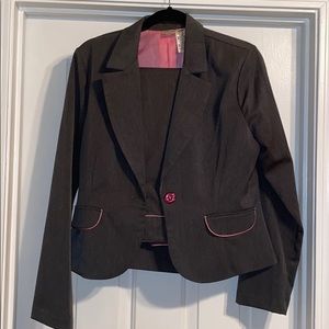 Charcoal grey, pink lined suit
